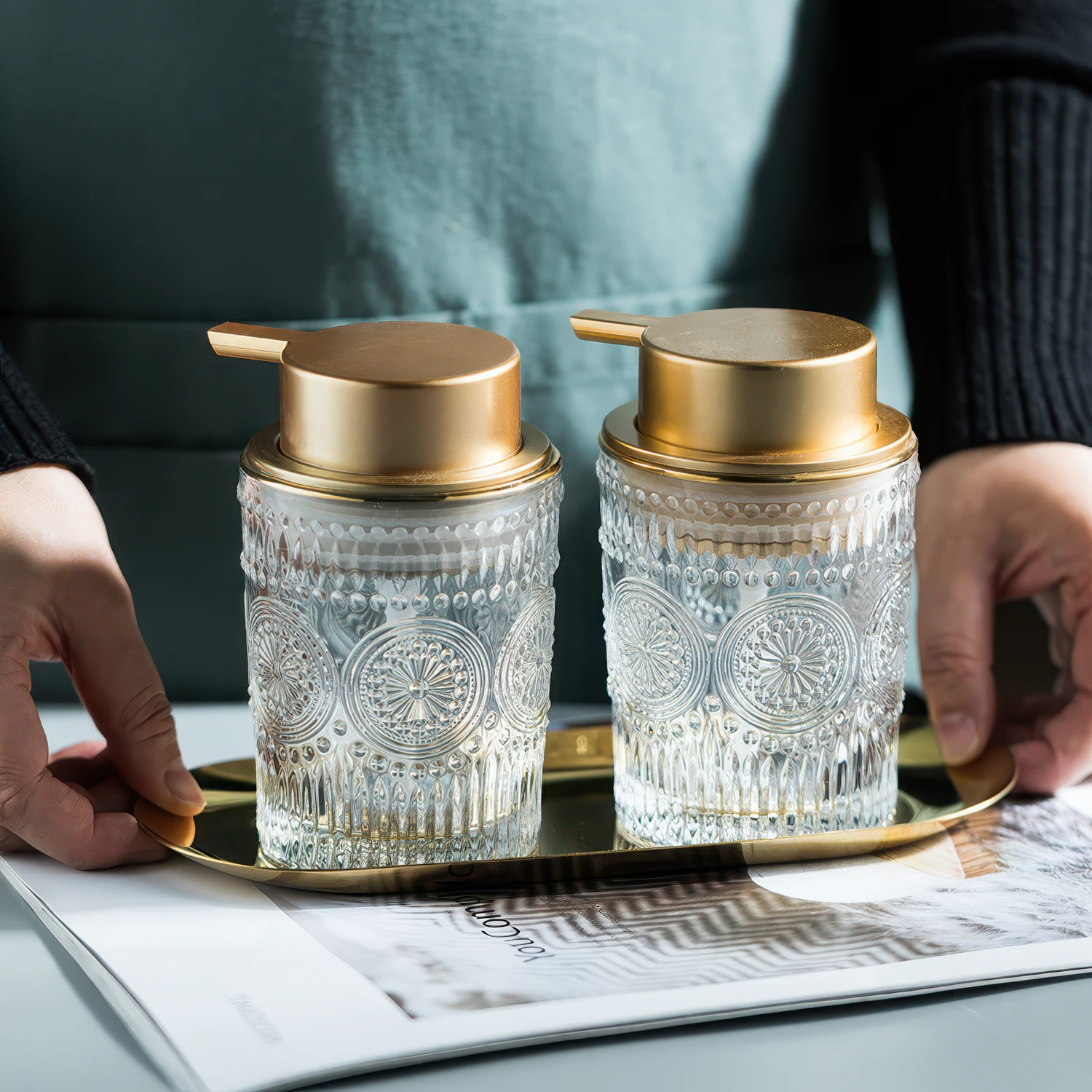 Granada Embossed Glass Liquid Soap Dispenser, Set of 2 with Tray Granada Embossed Glass Liquid Soap Dispenser, Set of 2 with Tray