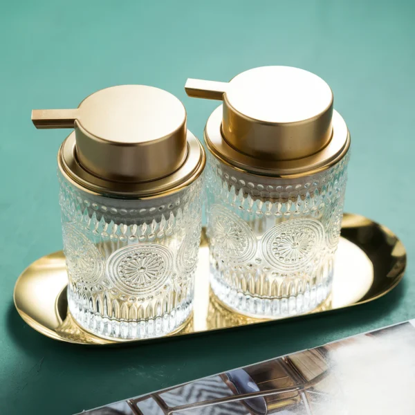 Granada Embossed Glass Liquid Soap Dispenser, Set of 2 with Tray
