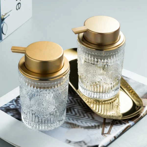 Granada Embossed Glass Liquid Soap Dispenser, Set of 2 with Tray