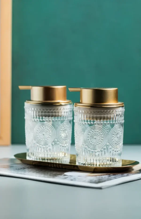 Granada Embossed Glass Liquid Soap Dispenser, Set of 2 with Tray